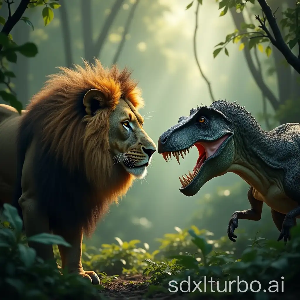 hyper-realistic, cinematic 8k masterpiece with a full- body profile of a lion and a dinosaur facing each other in the jungle