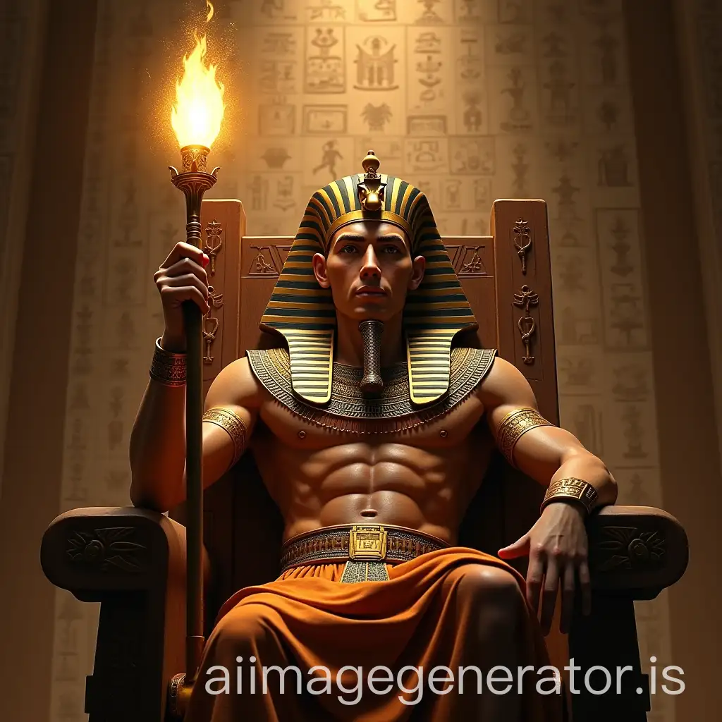 The design features an ancient Egyptian pharaoh sitting confidently on his throne, exuding authority and power. In his hand, he holds a glowing scepter, radiating light and symbolizing his dominion. Behind him, the walls are adorned with intricate hieroglyphic carvings, showcasing the grandeur and mystique of ancient Egyptian culture. The scene conveys a sense of regal strength and wisdom, with the combination of the glowing scepter and detailed hieroglyphs adding an air of both mysticism and royal majesty.