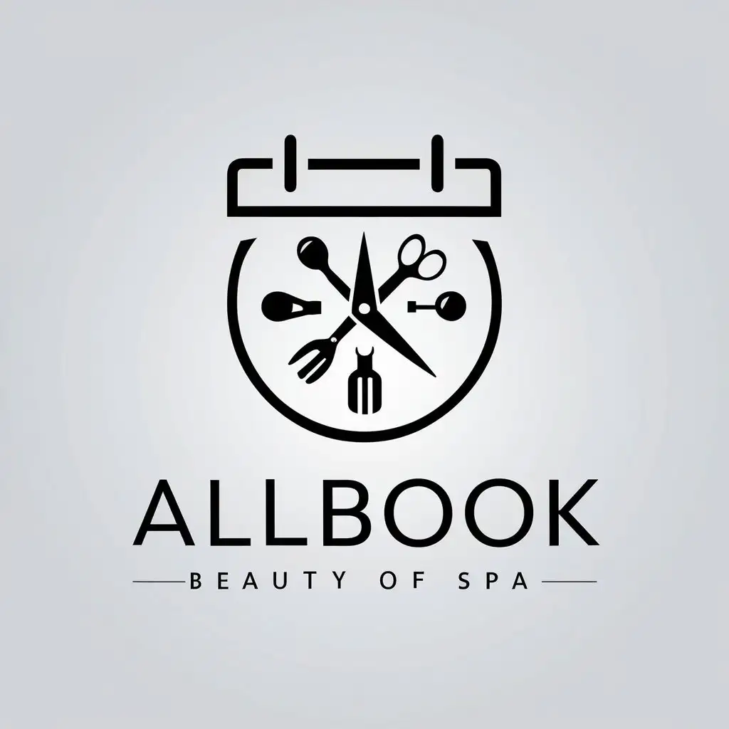 a vector logo design,with the text "AllBook", main symbol:Styled calendar or clock, combined with an element symbolizing a variety of services (for example, scissors, comb, stethoscope),Moderate,be used in Beauty Spa industry,clear background