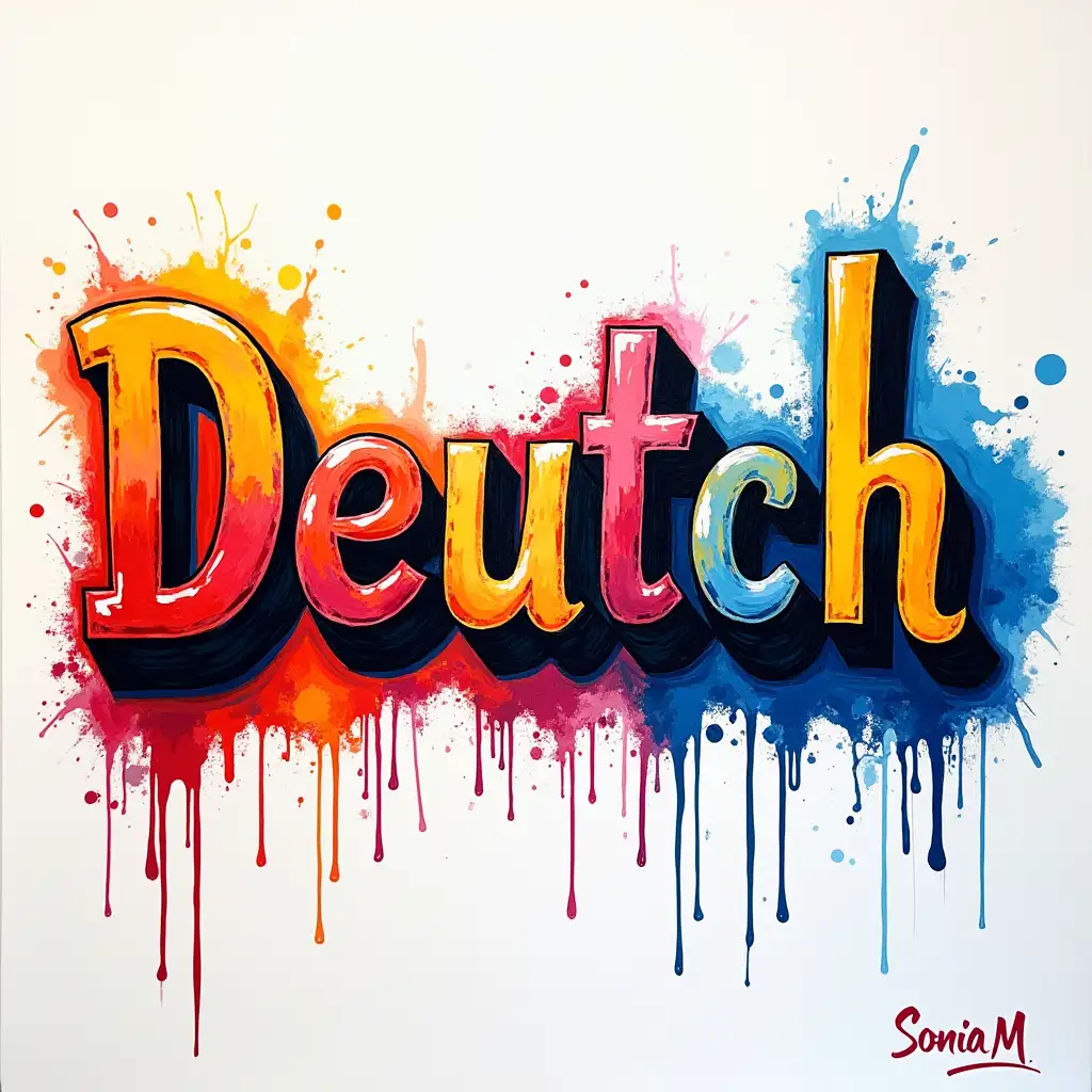 Typography 'Deutch' Acrylic Paint.Colorful.8k. Ultra high definition.The creator's signature, 'Sonia M', is placed at thebottom right corner, perfectly readable