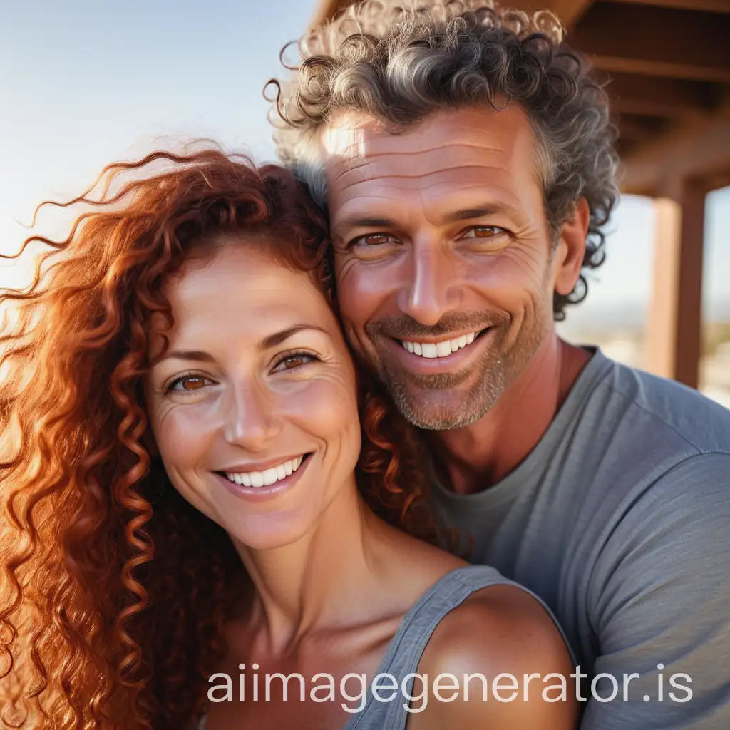 man 42 years old, salt and pepper hair, beautiful brown eyes, nice smile, wisdom exuding, radiant face, sunny next to a 36 year old woman, long red curly hair, almond eyes, pretty smile. The man is taller than the woman and gently embracing her