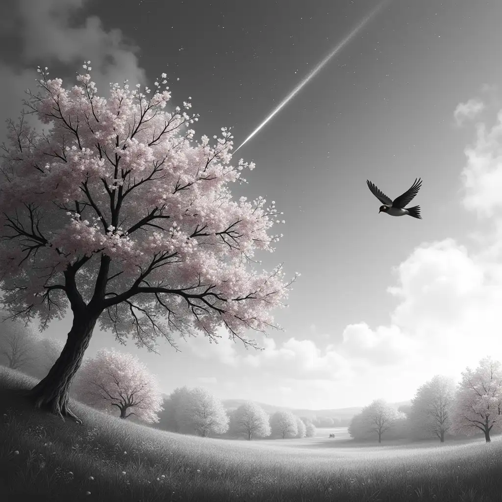 Hot summer morning, Comet with tail on the sky,  Apple tree flowering Pink flowers, lonely swallow Bird, black and White scene