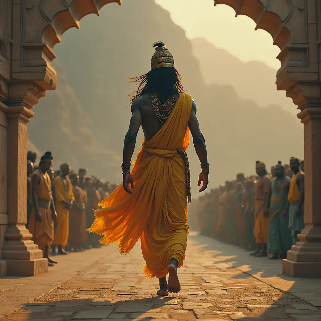 A single person (with a Semitic appearance) is walking Front toward Krishna god's,