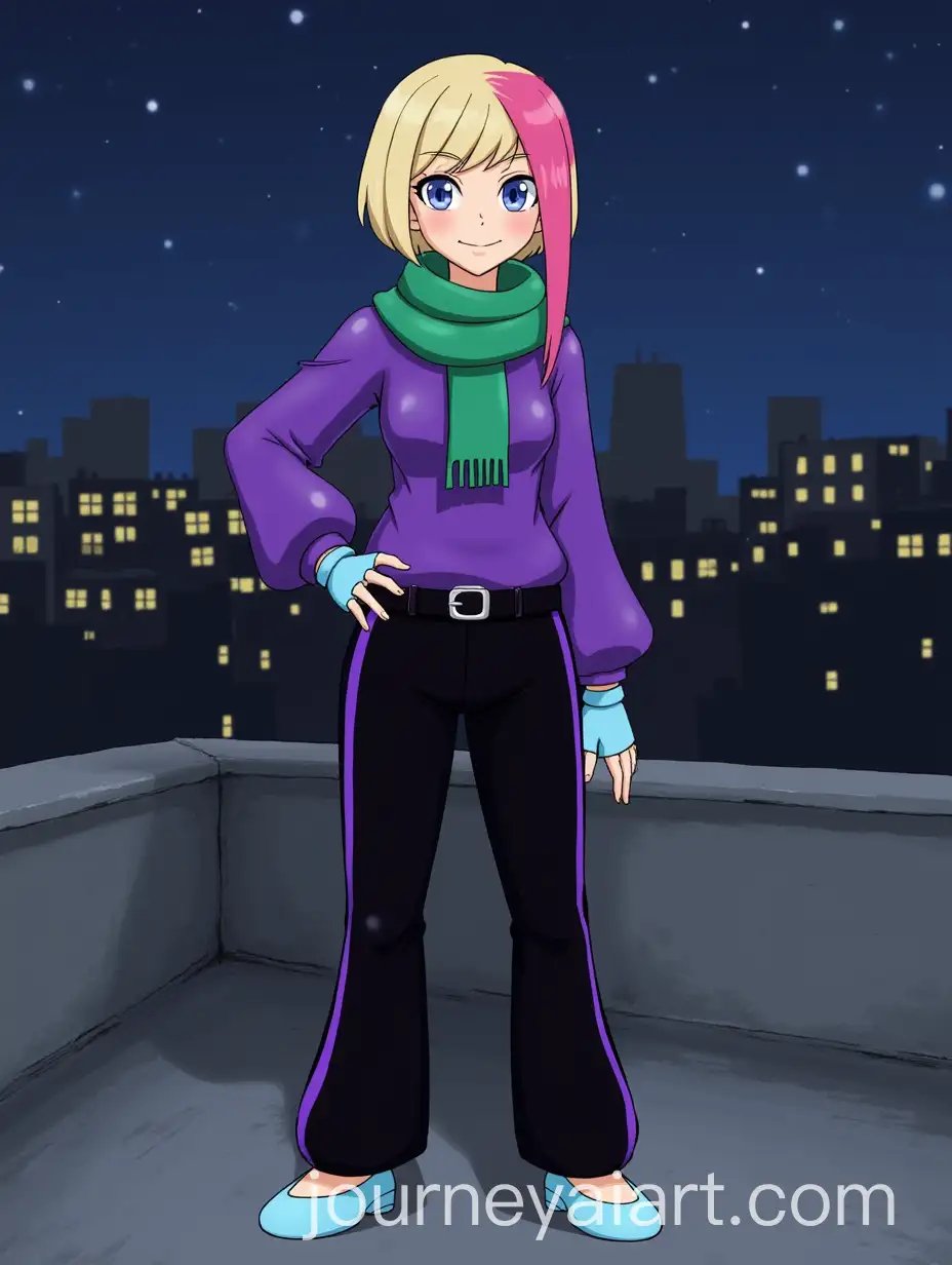 Young-Woman-with-Blonde-Bob-and-Pink-Streak-Overlooking-Cityscape-at-Night