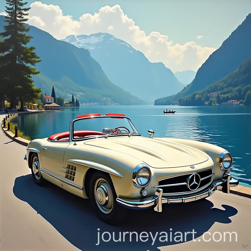 Mercedes-300-SL-and-Jaguar-EType-Classic-Cars-byAI-Art-Prompt-Expansion-Lake-Como-Italy-in-Oil-Painting-Style