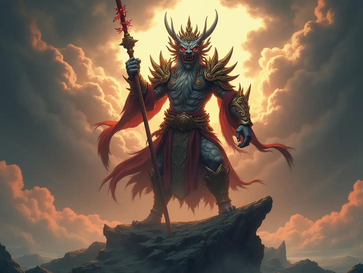 A Chinese mythological monster, holding a sword and a spear, holding a thunderbolt scepter, standing on an island, with red eyes, surrounded by thunderbolt energy, and wearing armor decorated with auspicious symbols. The background is storm clouds, with a strong contrast between light and dark, and the scene is dramatic. ,Details,,in --ar 9:16 --quality 2 --stylize 750 --v 6.1