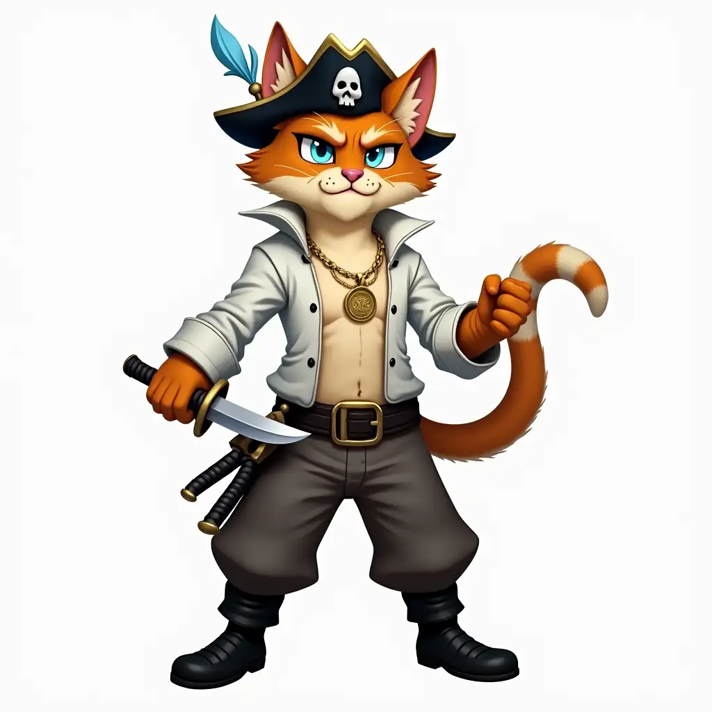 Sly-Ginger-and-White-Striped-Cat-Pirate-with-Knife-and-Coin-Necklace