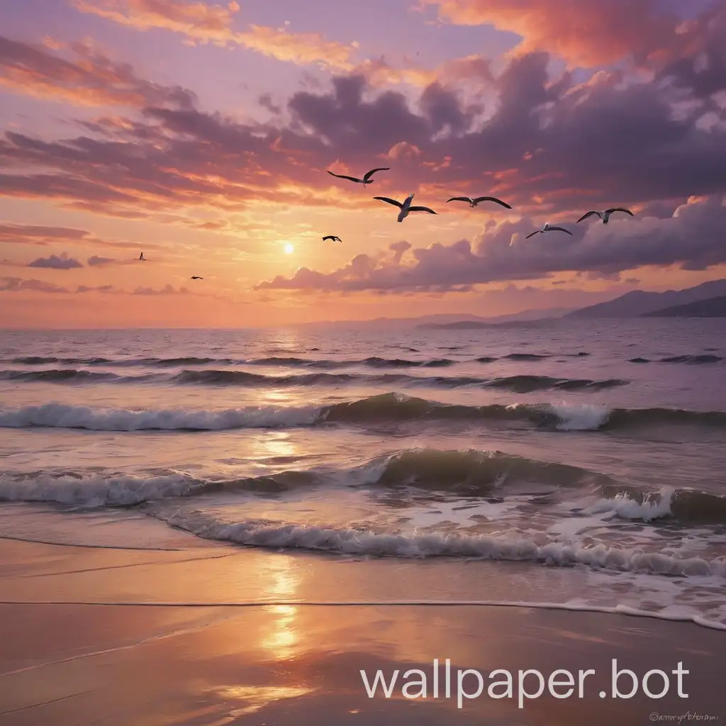 A stunning sunset over a tranquil ocean landscape, with vibrant shades of orange, pink, and purple filling the sky. Soft clouds drift slowly across the horizon, while the calm water gently ripples, reflecting the radiant colors of the sky. Small, shimmering waves lap at the shore, as distant, mystical mountains fade into the twilight. Seagulls glide gracefully across the sky, creating a serene, peaceful atmosphere perfect for relaxation