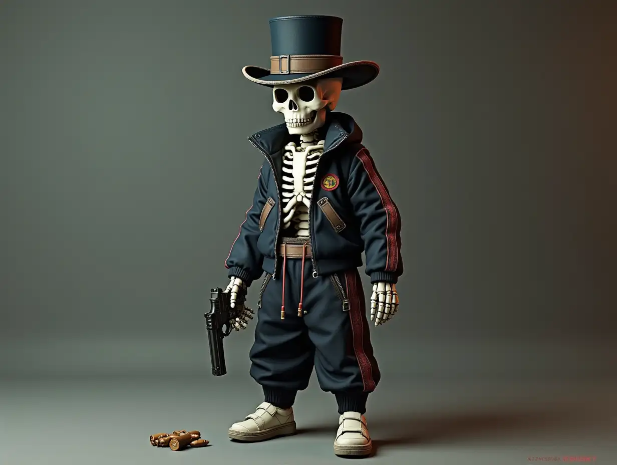 Create a high-resolution, realistic image of a robot with a skeleton body, porcelain hands and head, a fashionable tracksuit, a Steampunk top hat, a pistol and bullets on the ground in 4K resolution