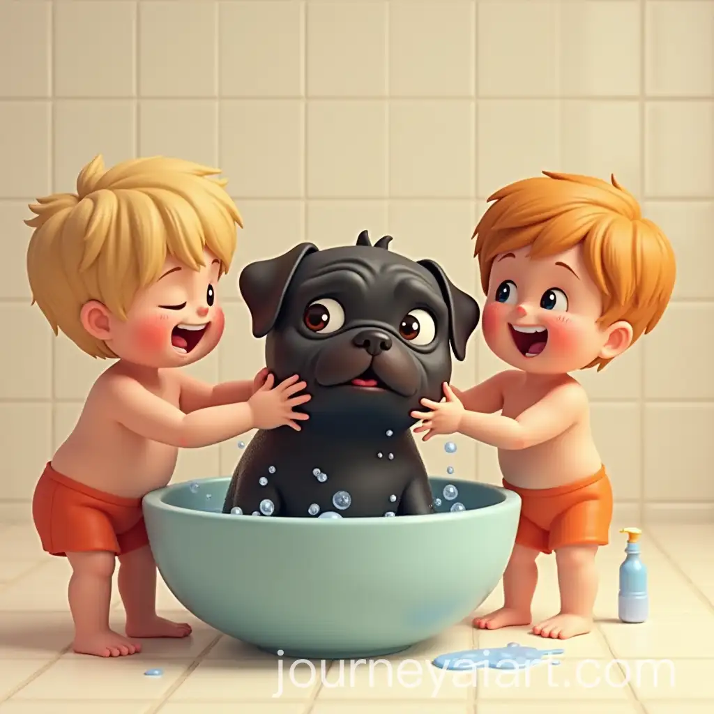 Children-Giving-a-Black-Pug-a-Bath-in-Animated-Style