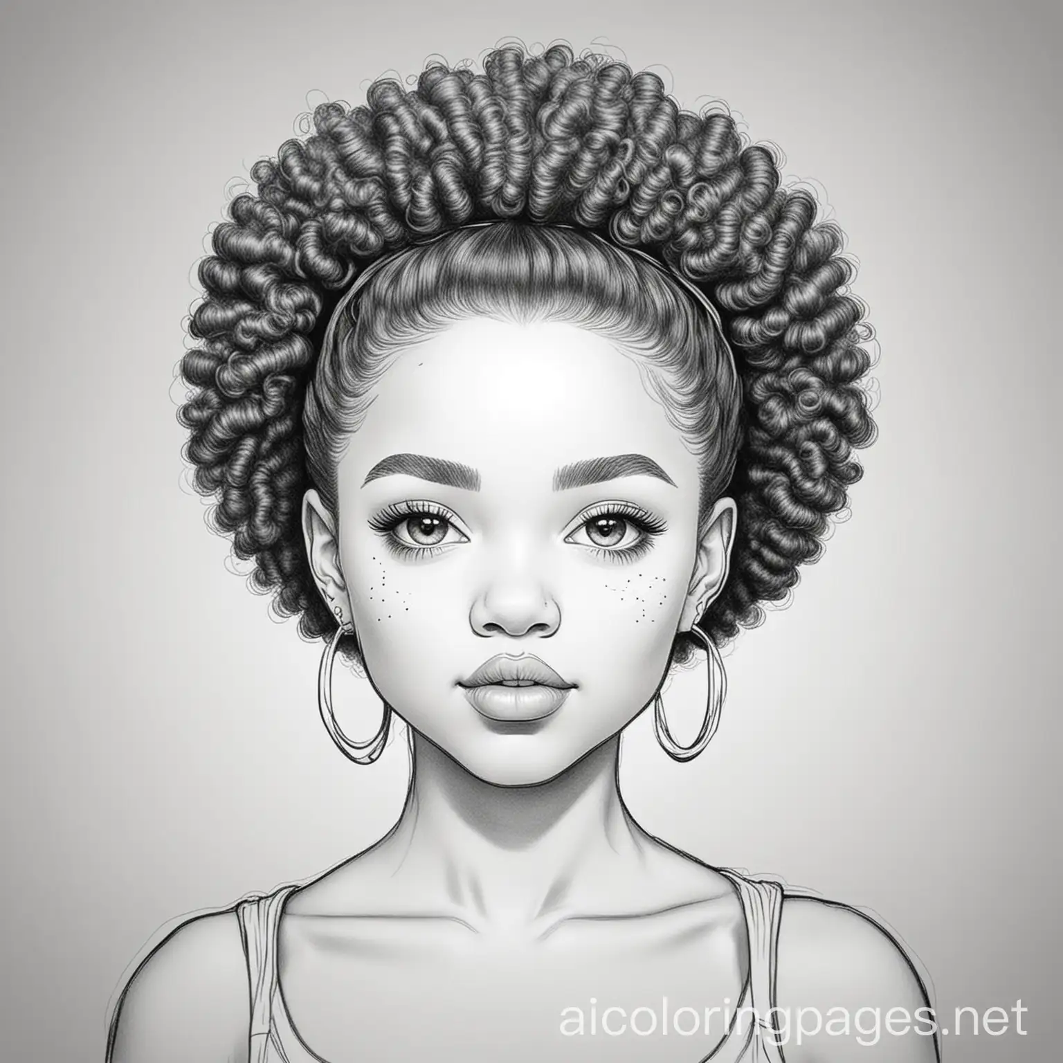 Pretty light skinned Black woman with afro puffs and baby hair, Coloring Page, black and white, line art, white background, Simplicity, Ample White Space. The background of the coloring page is plain white to make it easy for young children to color within the lines. The outlines of all the subjects are easy to distinguish, making it simple for kids to color without too much difficulty, Coloring Page, black and white, line art, white background, Simplicity, Ample White Space. The background of the coloring page is plain white to make it easy for young children to color within the lines. The outlines of all the subjects are easy to distinguish, making it simple for kids to color without too much difficulty