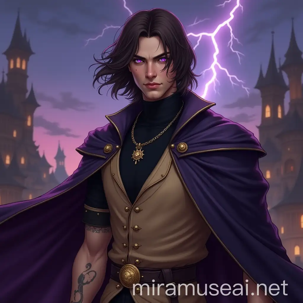 Magician in 18th Century Fantasy Attire with Violet Cape and Evening Sky