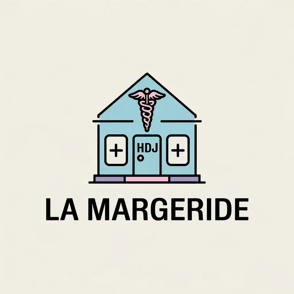 LOGO-Design-For-LA-MARGERIDE-Pastel-Blue-Medical-House-with-HDJ-and-Caduceus-Symbol