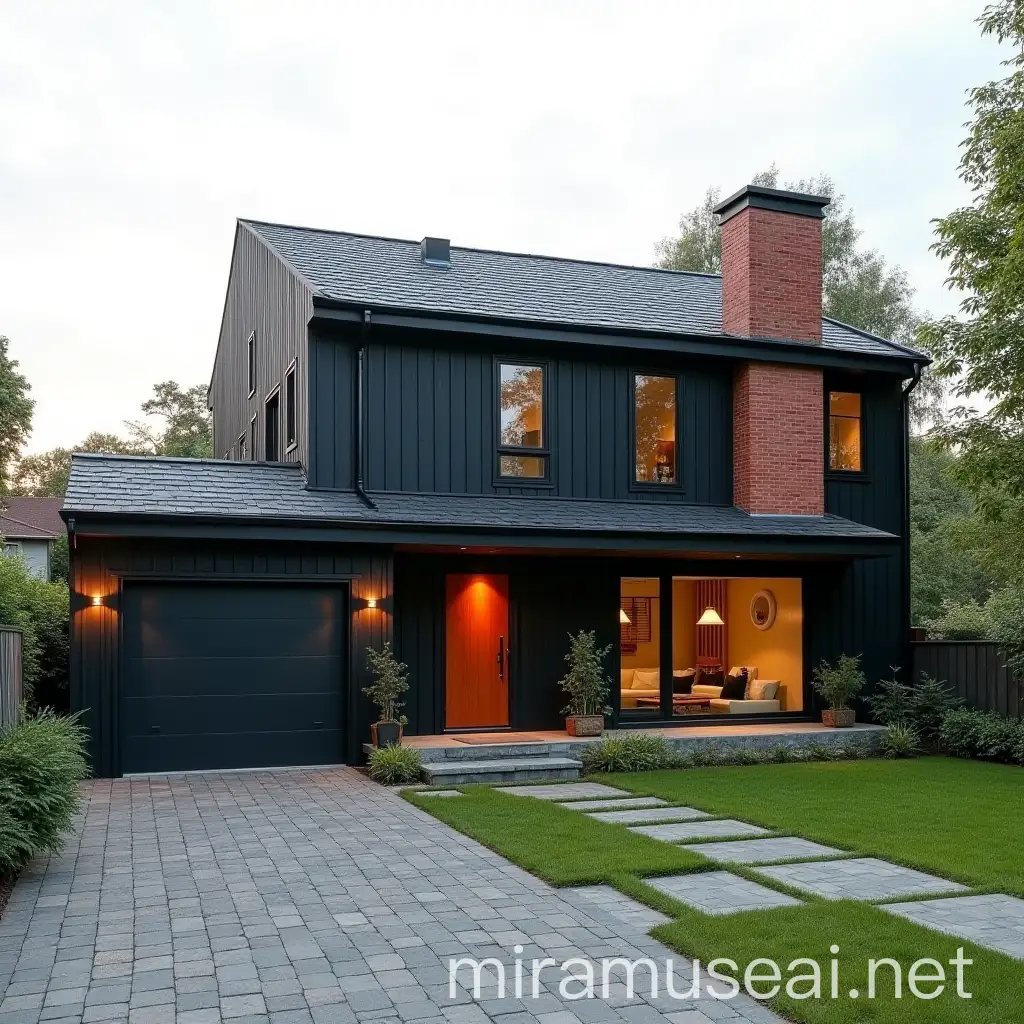 Contemporary House with Charcoal and Black Exterior and Dramatic Red Brick Accents