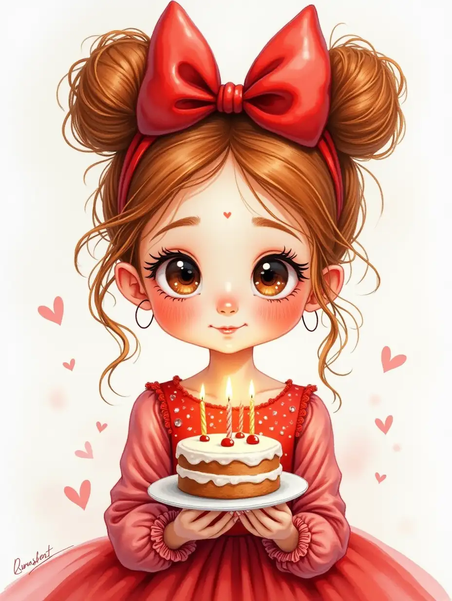 photorealistic airy realistic watercolor, photorealism, wide strokes, a gentle little girl portrait, European appearance DreamWorks reddish curls gathered in careless buns, drawing eyelashes, rosy cheeks freckles, a big red bow on her head, dressed in a red fluffy oneairy dress with sequins, complex angle.holding a cake with candles, watercolor, ink, beautiful, 4k, high detail