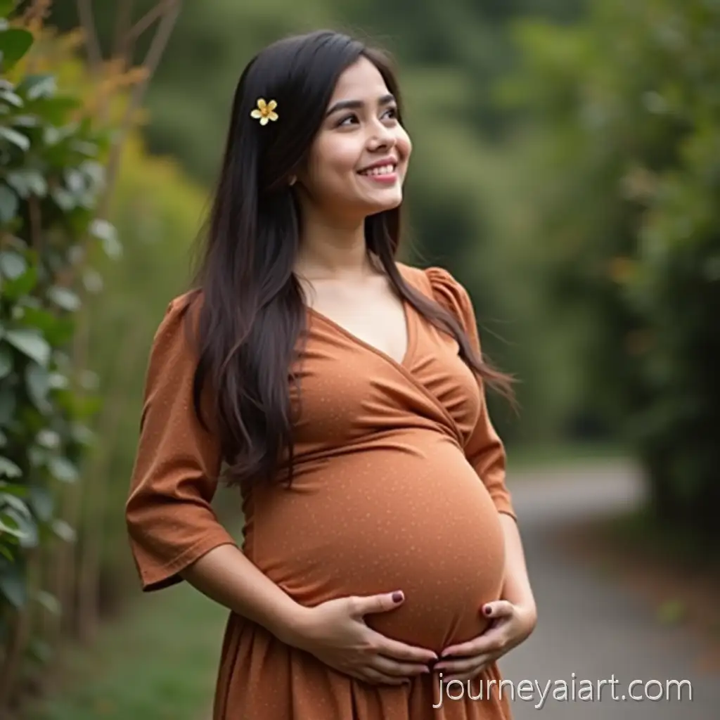 Pregnant-YoungAI-Image-Prompt-Expansion-Woman-in-RustColored-Dress-with-Soft-Natural-Lighting-in-Garden-Setting