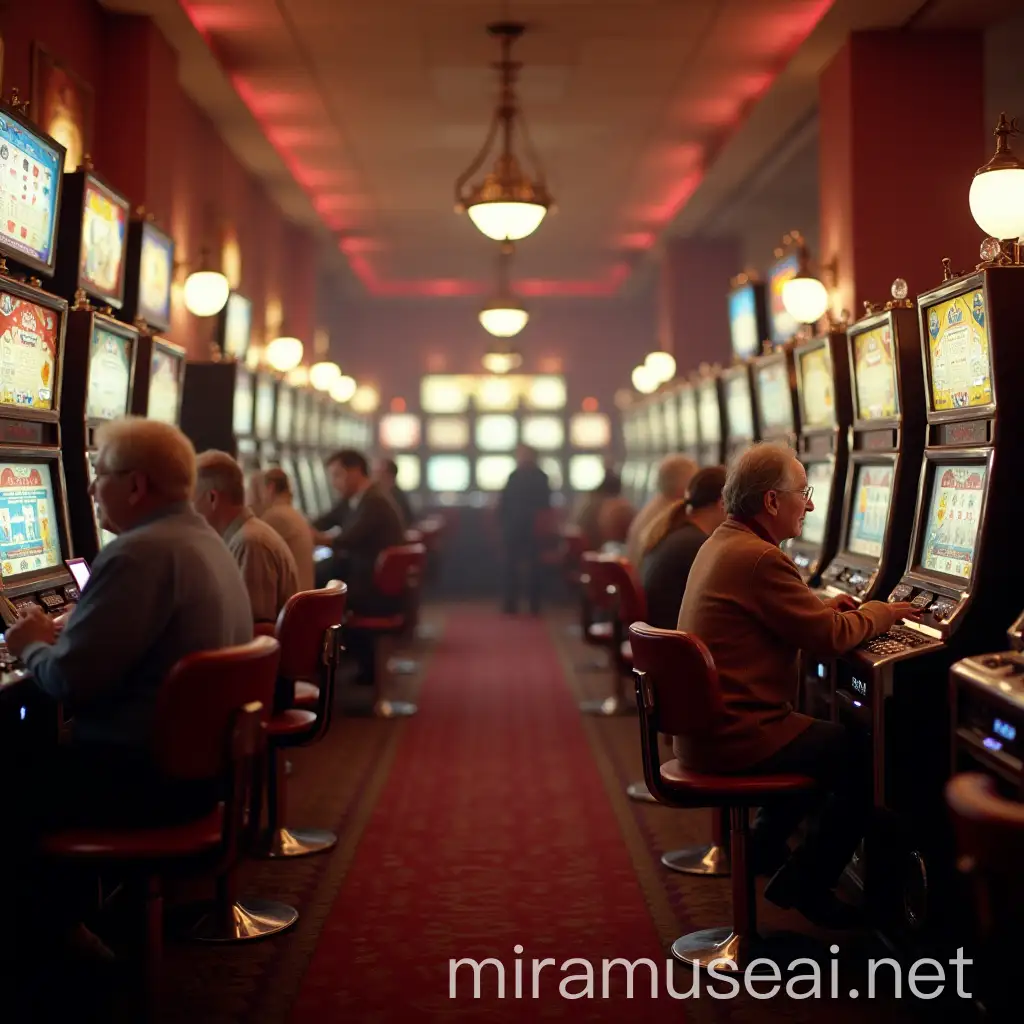 1970s Style Casino with Slot Machines Roulette and Smiling Patrons