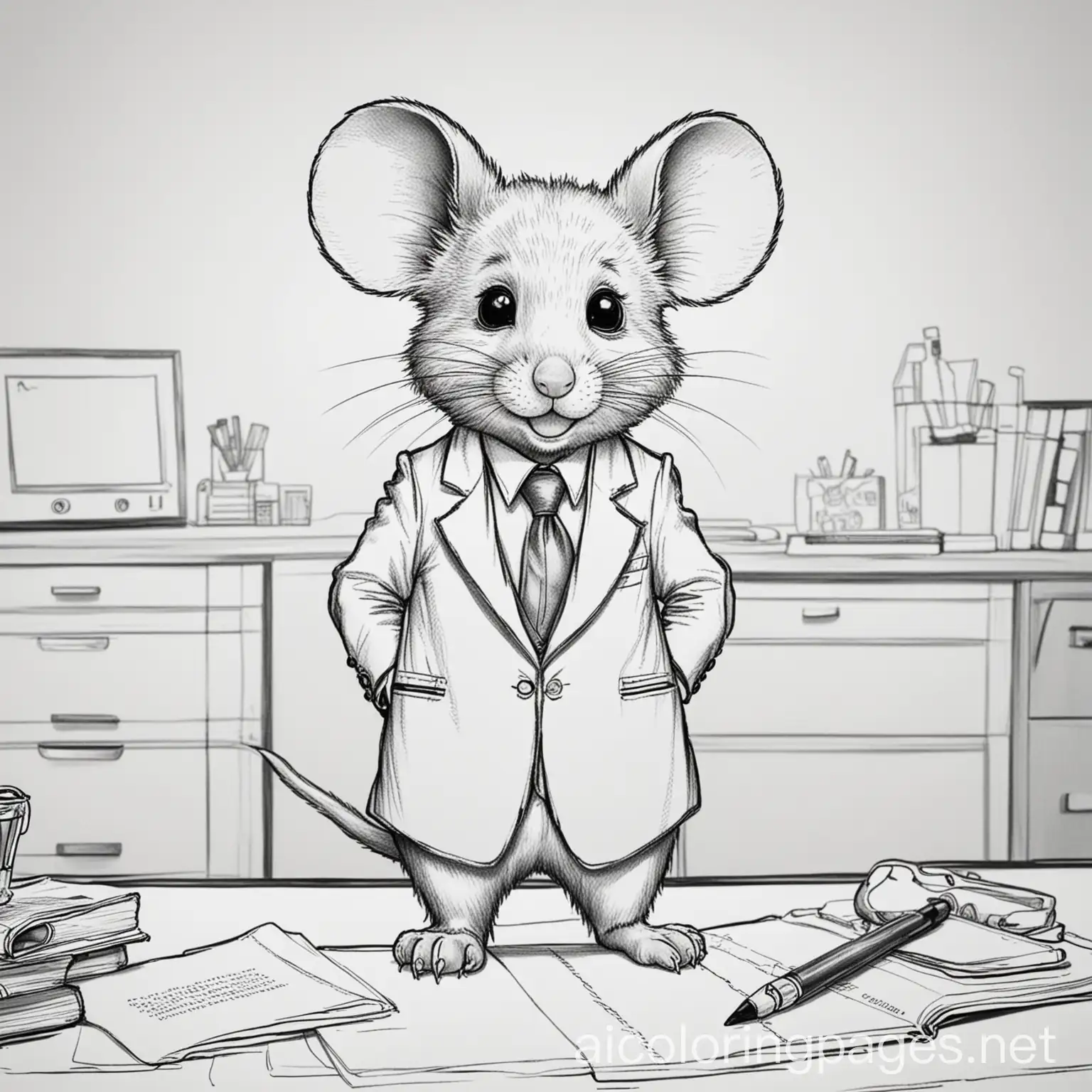 a mouse in a suit in his office, Coloring Page, black and white, line art, white background, Simplicity, Ample White Space. The background of the coloring page is plain white to make it easy for young children to color within the lines. The outlines of all the subjects are easy to distinguish, making it simple for kids to color without too much difficulty