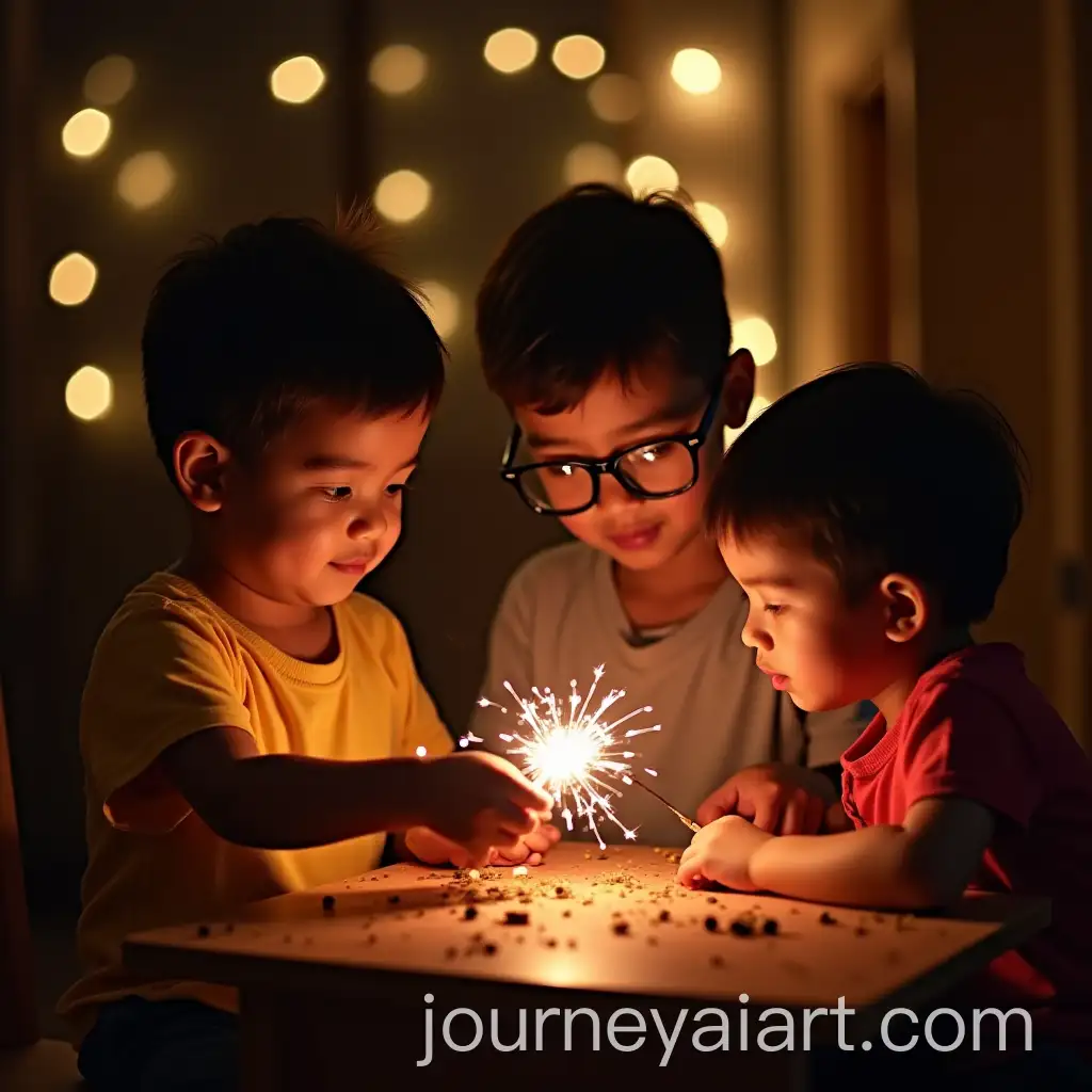 Children-Joyfully-Playing-with-Crackers-Under-a-Festive-Light-Display