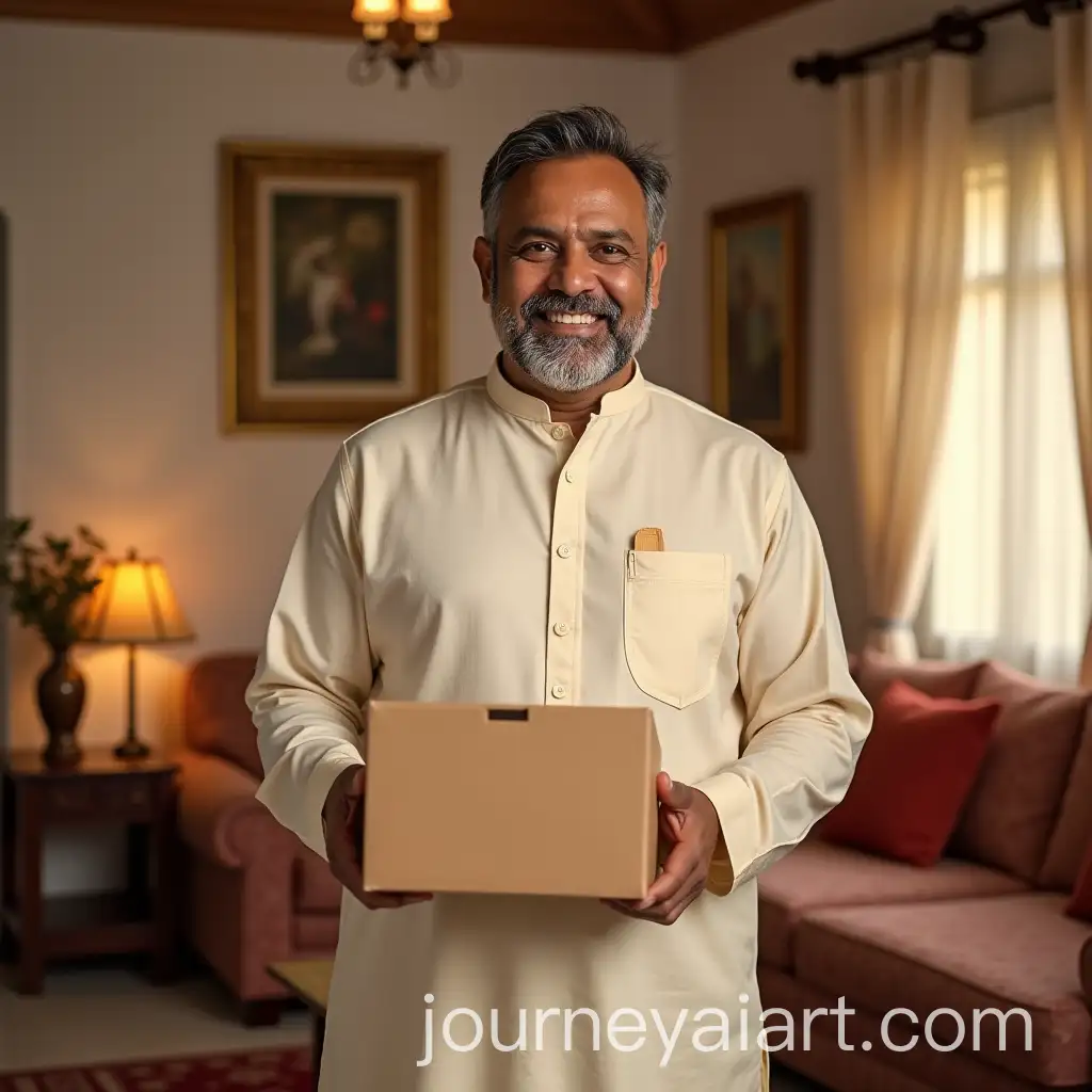 Indian-Man-Donating-a-Box-in-Traditional-Attire-in-a-Cozy-Sitting-Room