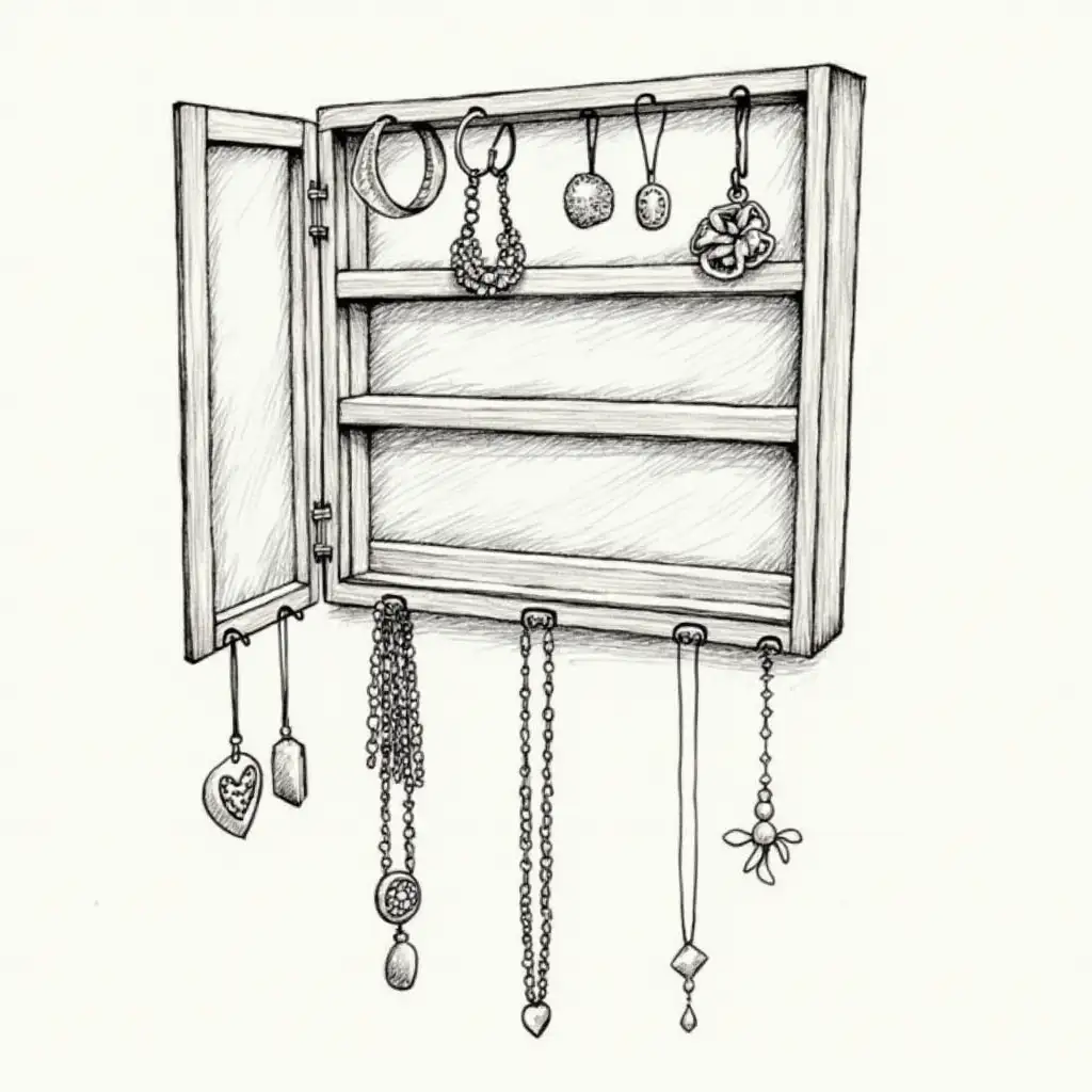 Wall-Mounted Jewelry Organizers: If you're short on space, wall-mounted organizers can be a great solution. These come in various styles and can serve as a decorative display. Draw a sketch of this box design，hand-drawn style