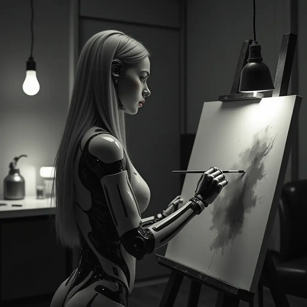 Futuristic female android secretly painting in the middle of the night.The whole image is in monochrome tones and has long hair, but the details of the hair have a robotic, mechanical quality.The android's appearance is very feminine, but its entire body is metallic and mechanical in design.The surrounding room has a futuristic interior and a slightly dark atmosphere.The room is lit by a dark night light bulb giving off a soft glow.The canvas is painted with abstract watercolours, with the android's hand delicately holding a brush.In the background, simple but futuristic furniture and tools give the room a sense of late-night tranquillity.