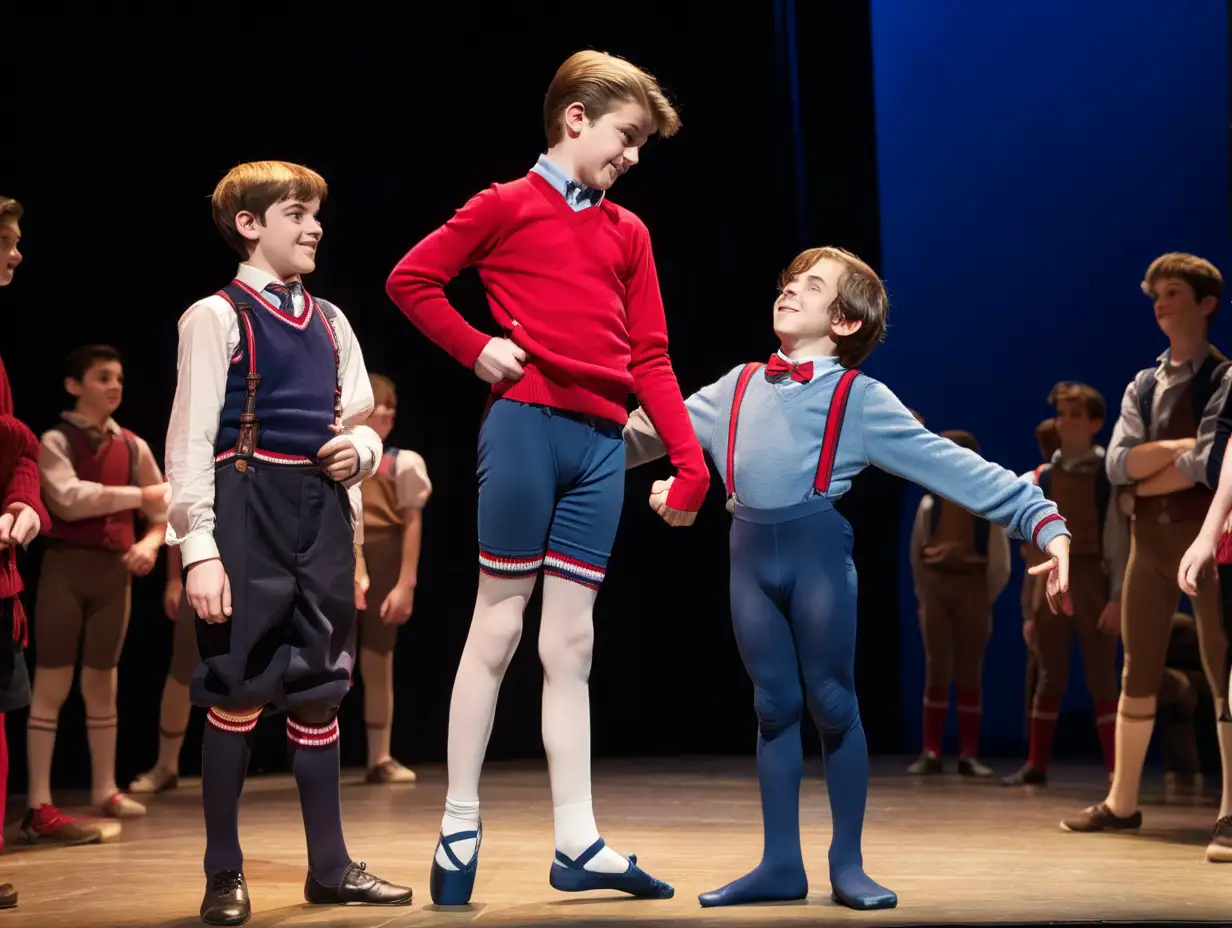 13-year-old boy plays with his classmate in school theater production 'Robbers'. Boy in ballet tights, red knitted knee-high socks, blue jacket, hands behind back, smiling, medium length thin hair. Other boy stands behind him holding a rope