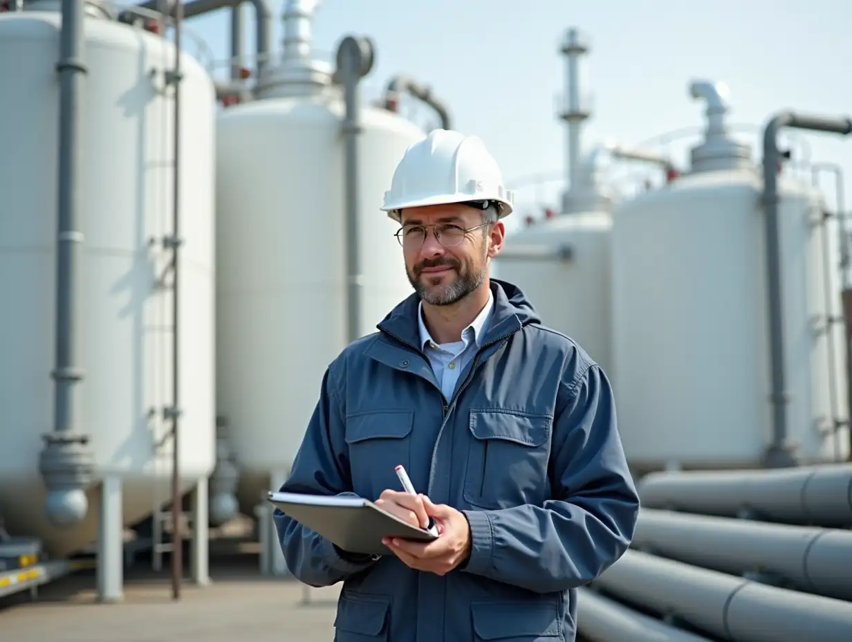 Create an image of a 40-year-old director wearing a white safety helmet and work attire. He is standing on an oil production facility, nearly in full height, with large white storage tanks visible in the background. The man is holding a notebook and writing in it, appearing focused and professional. The setting includes industrial details like pipes, metallic structures, and a clean, organized environment.