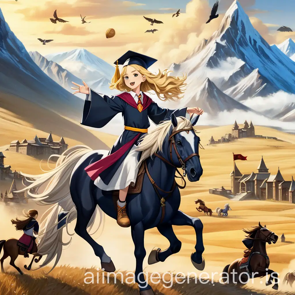 Blonde-Girl-in-Graduation-Cap-with-Harry-Potter-Symbol-and-Medieval-Elements-on-Galloping-Horses-in-Mongolian-Steppes