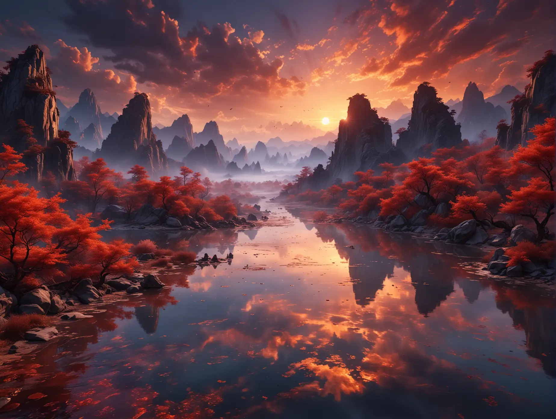 3D ancient wind, flowing ink water, poetic ink landscape, Chen Jialing, super wide-angle lens, large depth of field, beautiful scenery, sunset sky burning with gold and red colors woven into the twilight, tranquil as a mirror, reflecting the color of the sky, water and sky in one color, distant scenery blended into calm blue purple, far mountains soaring into the clouds, full of poetic and scenery from afar, refracting sunset, perfect masterpiece, perfect composition, 8K