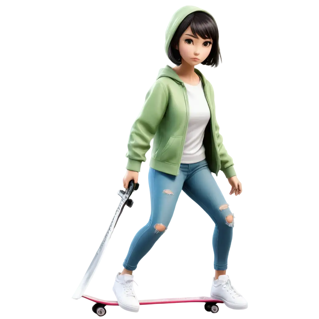 PNG-Image-of-a-Serious-Cool-Japanese-Female-Character-Riding-a-Skateboard-with-Sword-HighQuality-Design