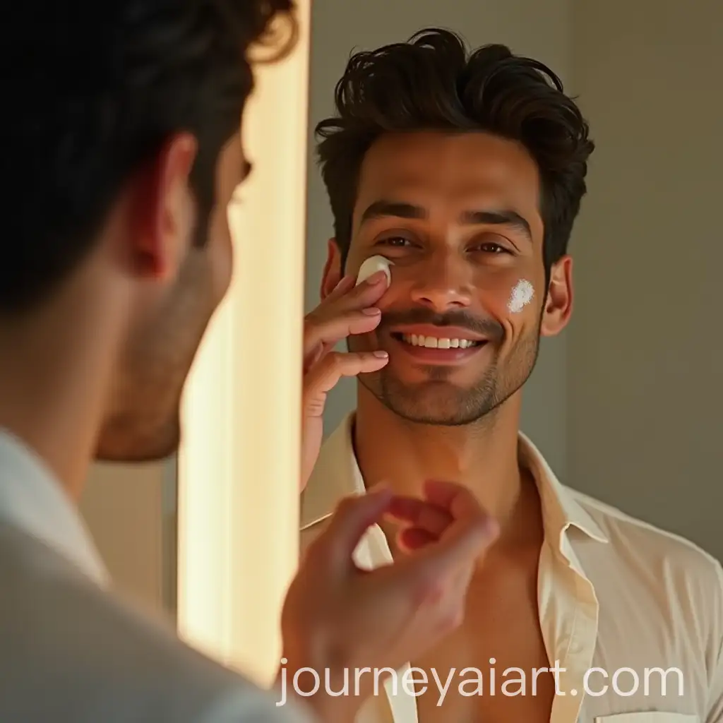 Handsome-Indian-Actor-Applying-NAI-Image-Prompt-ExpansionIVEA-Face-Cream-in-Modern-Bathroom
