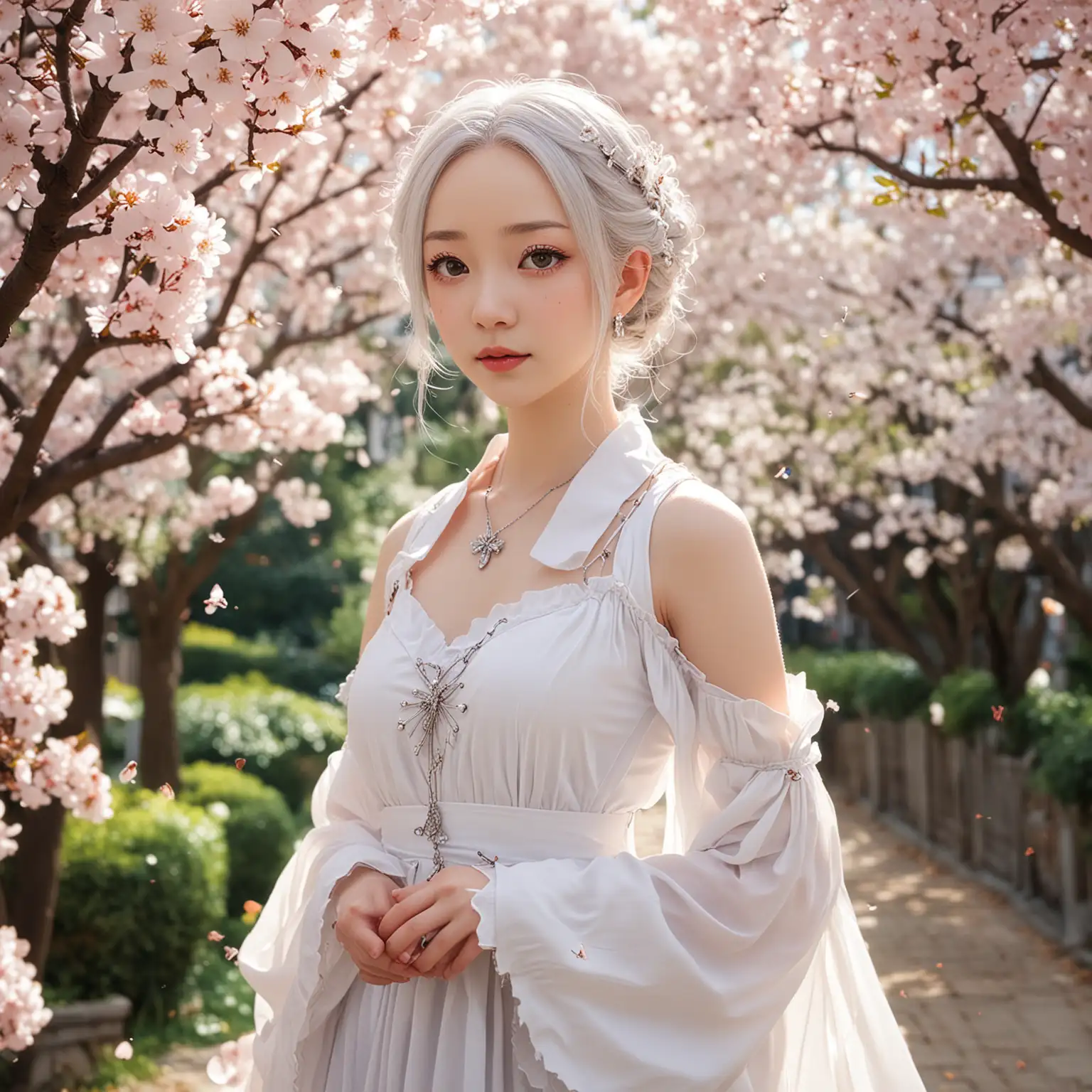 /imagine prompt: color photo of a girl with delicate features resembling Emilia from Re:Zero, with a cute Asian girl face, wearing a flowing white dress and a silver pendant, standing in a serene garden with cherry blossom trees, surrounded by butterflies and soft sunlight filtering through the leaves —c 10 —ar 2:3