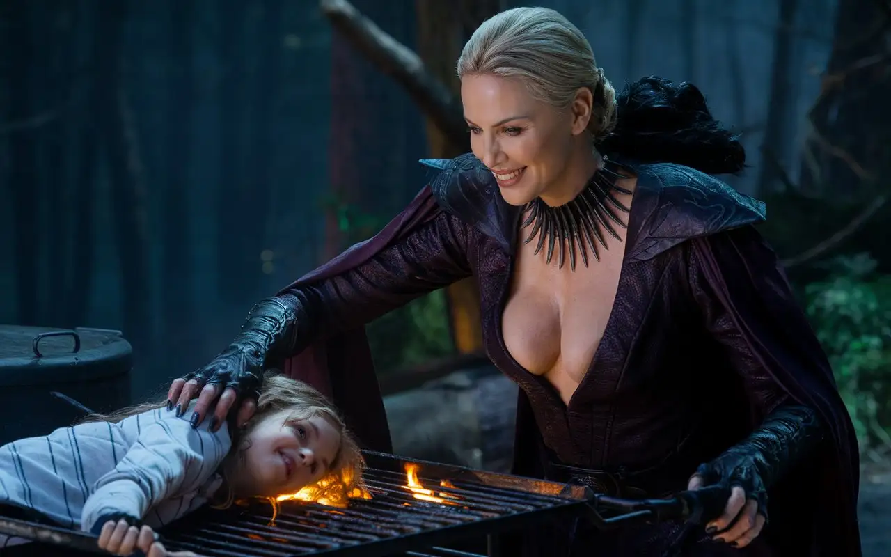 Evil mature smiling witch Charlize Thron grills a Girl on a large grill, deep neckline, cinematic, photo , 4k