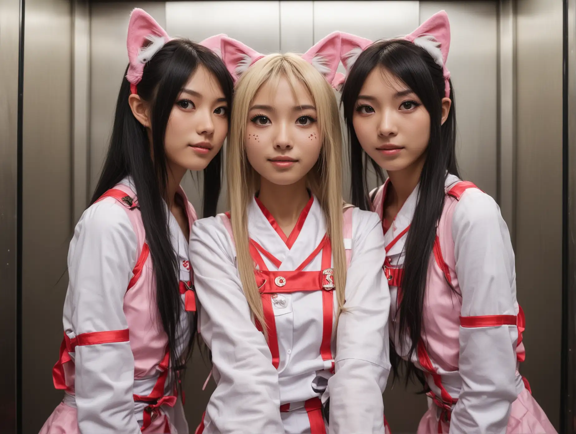 faces of two beautiful skinny 20-year-old chinese cosplay cat girls in an elevator, staring at the camera in stunned excitement.