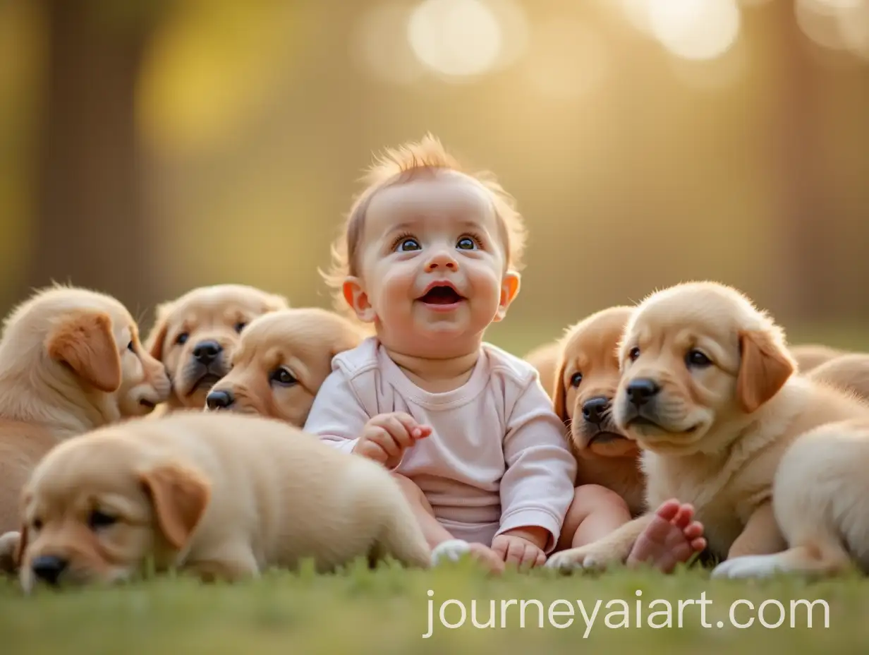 Cute-Baby-Surrounded-by-Adorable-Puppies-Looking-Up
