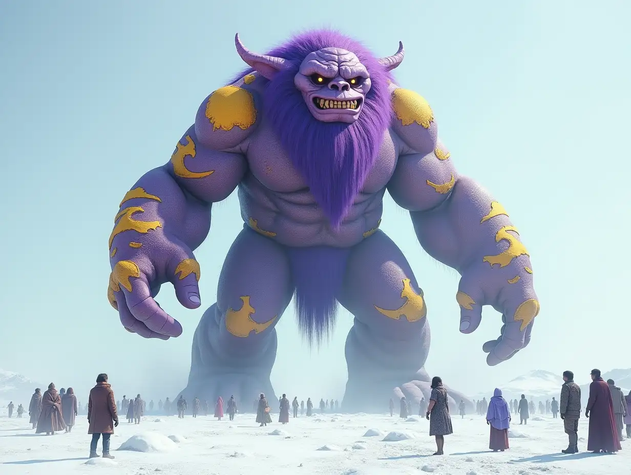 Create for me a 20 meter Android Titan Troll in purple and yellow patterned in a vast snow desert with many people.