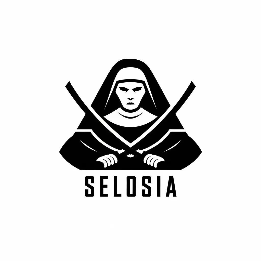 a vector logo design,with the text "SELOSIA", main symbol:Nun, samurai sword, black and white,complex,be used in bar industry,clear background