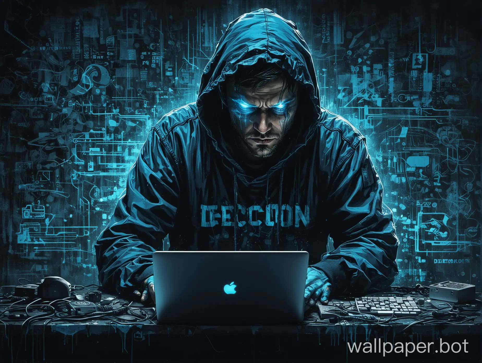 defcon desktop wallpaper computer grafiti art hacker guy osint cyber security blue color scheme looking down