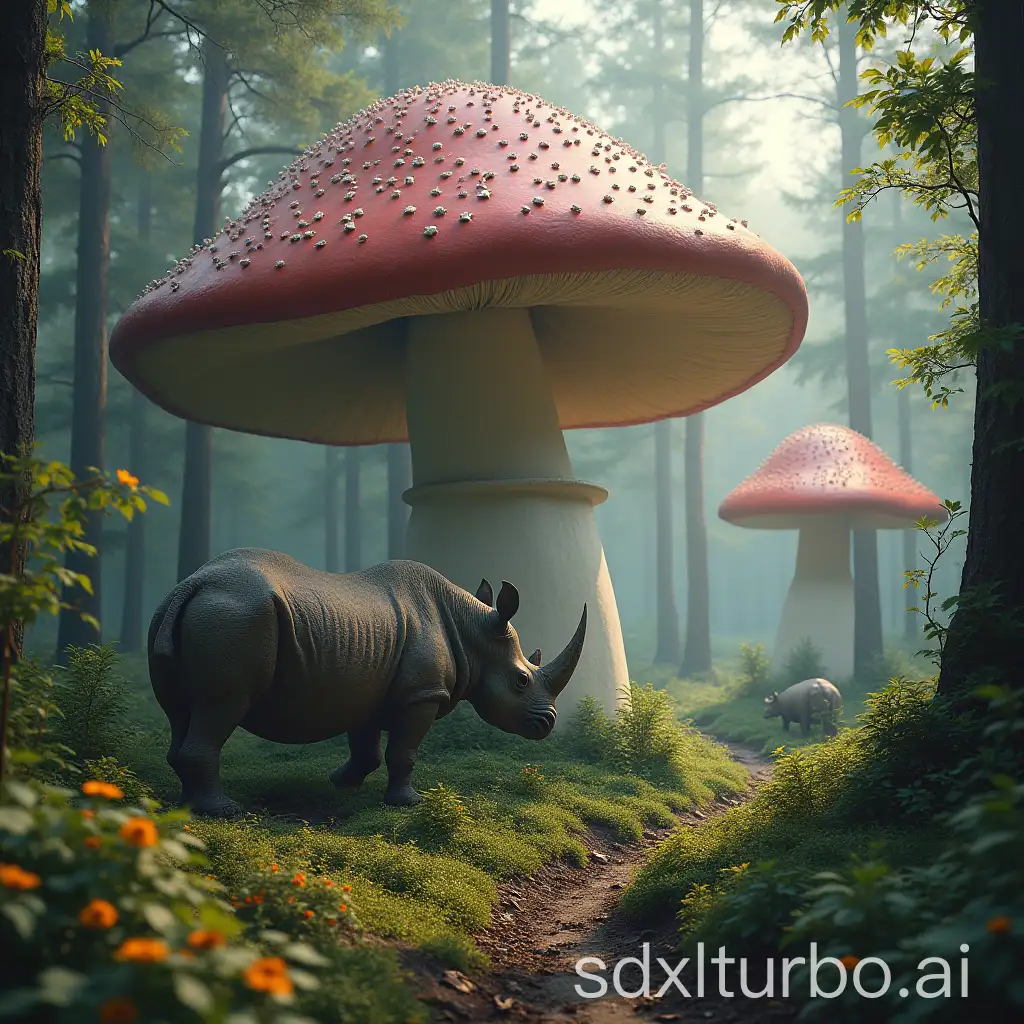 Ultra-Realistic-Rhino-in-a-Giant-Mushroom-Forest