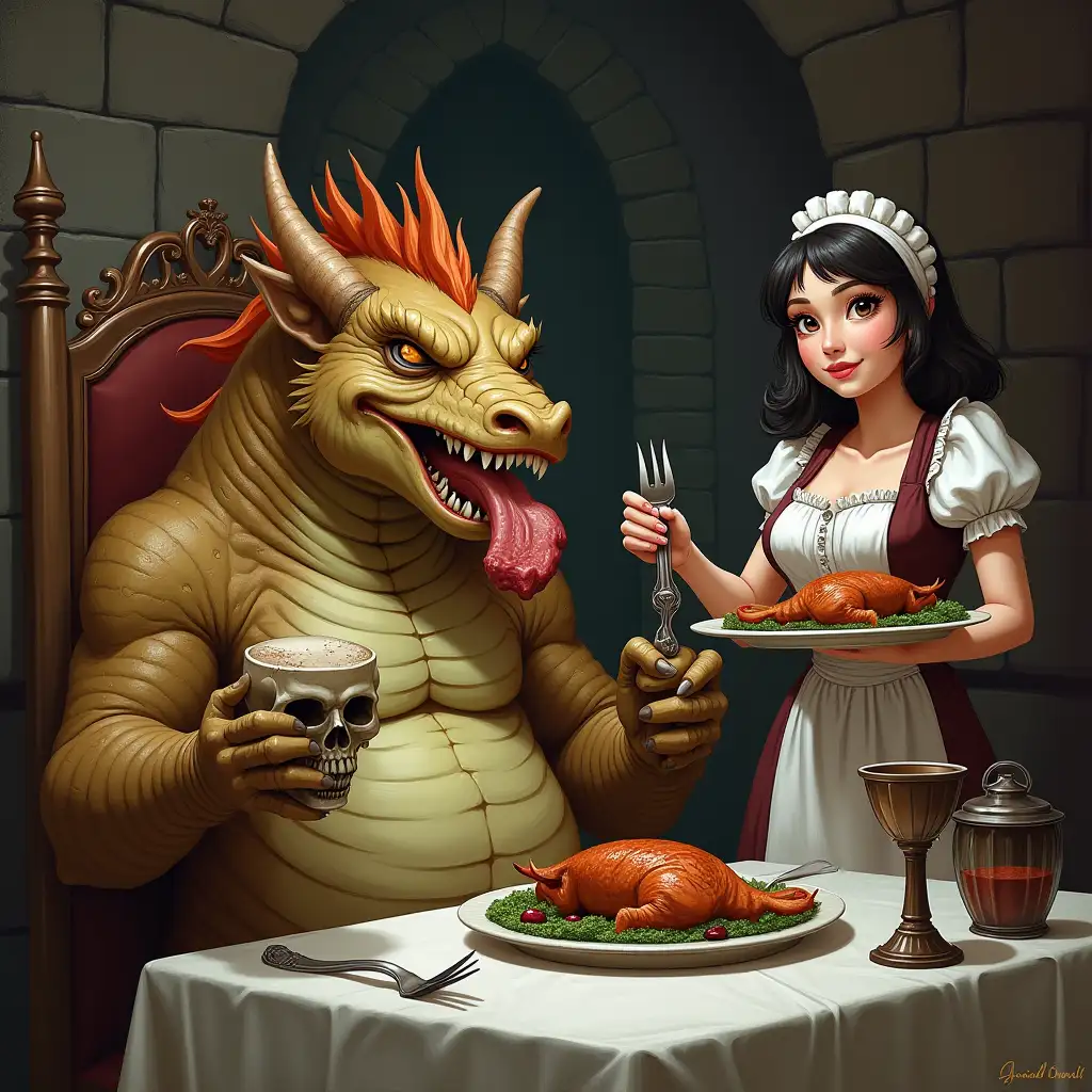 Fat-Dragon-Dining-in-Castle-with-Waitress-and-Roasted-Piglet