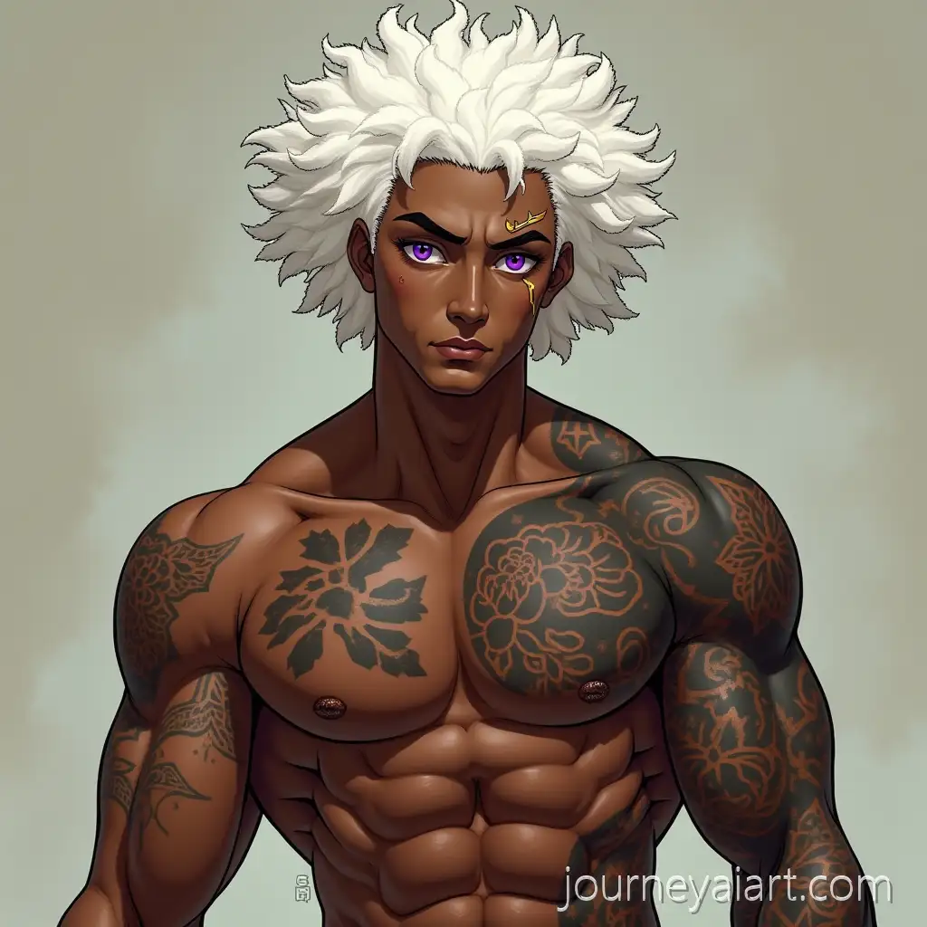 Muscular-HalfJamaican-HalfJapanese-Man-with-White-Afro-Locs-and-Purple-Eyes-Featuring-Bakuto-Tattoos