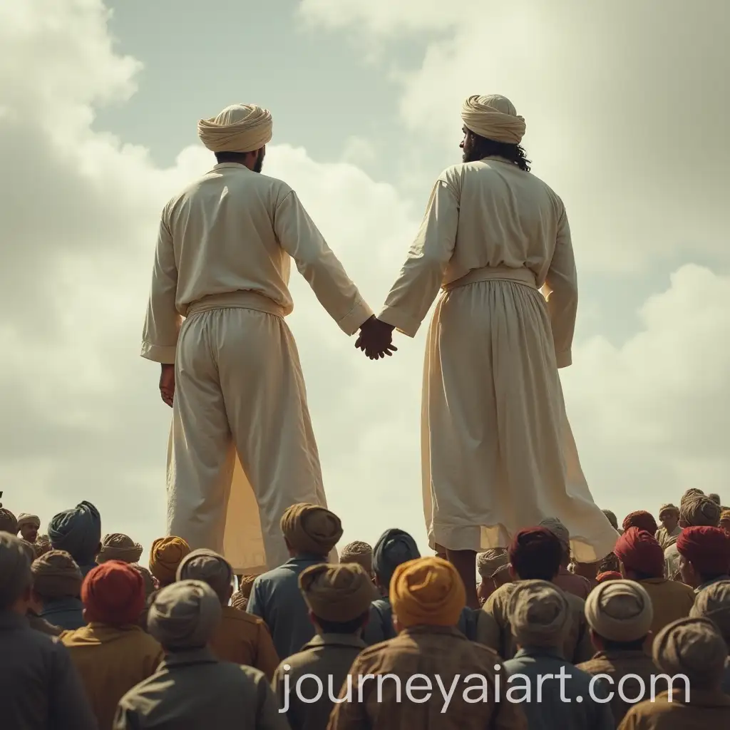 Two-Figures-Standing-on-a-Hill-with-a-Crowd-in-Turbans-Against-a-Cloudy-Sky