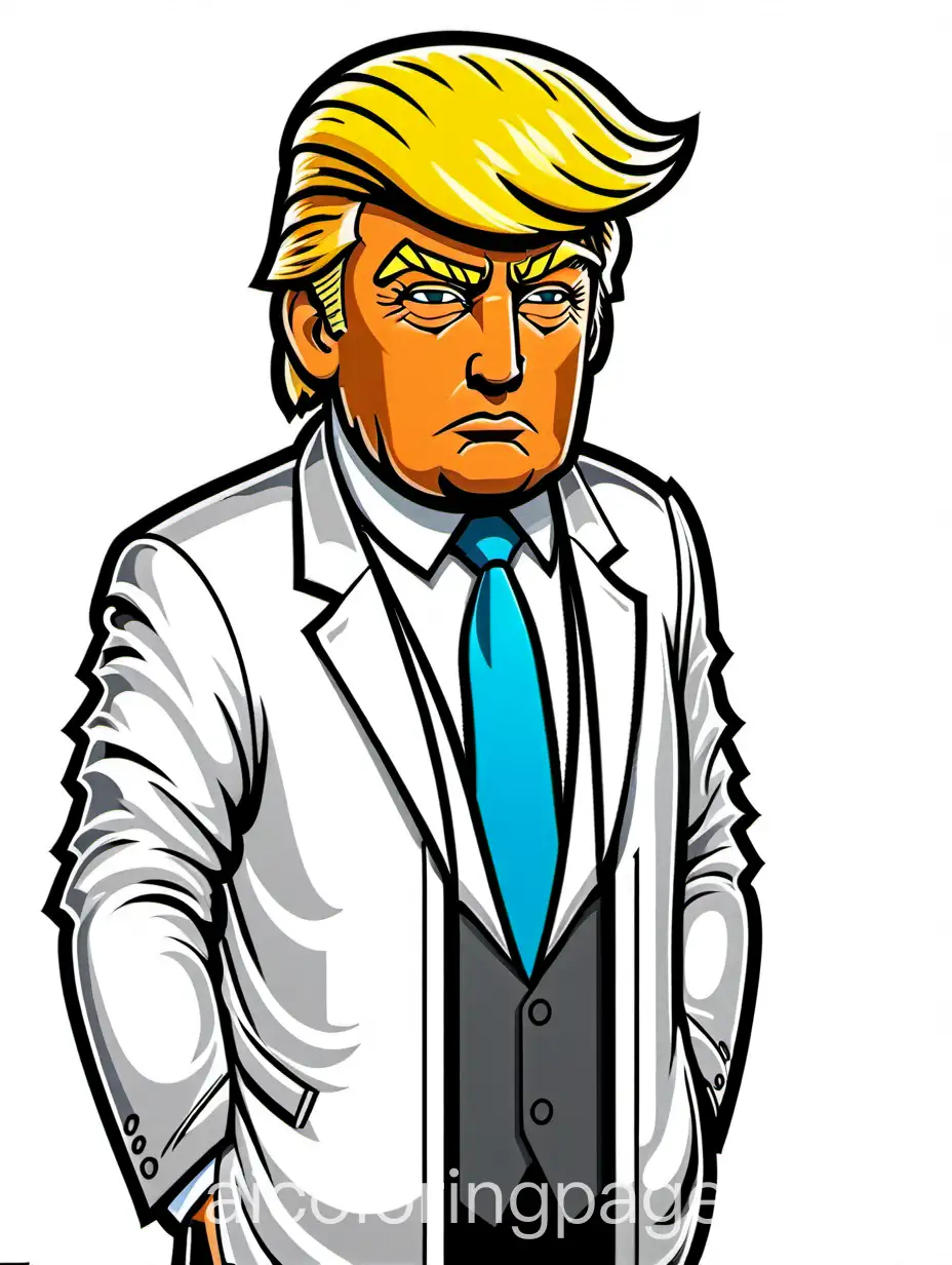 toon version of donald trump full colored cyberpunk style, Coloring Page, black and white, line art, white background, Simplicity, Ample White Space. The background of the coloring page is plain white to make it easy for young children to color within the lines. The outlines of all the subjects are easy to distinguish, making it simple for kids to color without too much difficulty