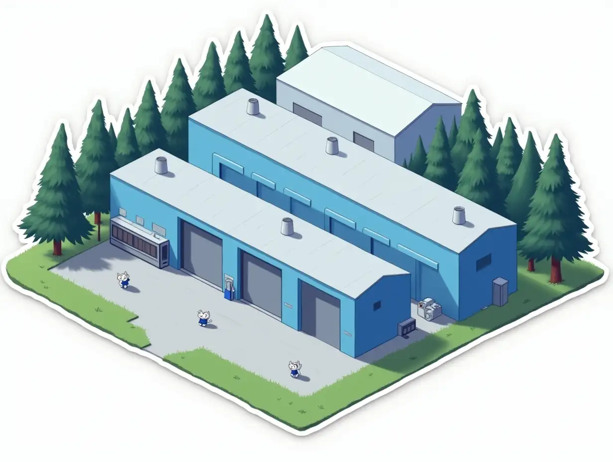 cutout isometric vector sticker in center: a complex of 3 long blue industrial rectangular hangars with monolithic walls and gray flat roofs. There are small ventilation pipe outlets in 2 rows on the roofs. In the background is one large white rectangular angular warehouse building with no windows. In the atmosphere of the forest around the complex of buildings.   On the edge of the coniferous forest, small white cats in blue overalls peek out from behind the trees. Sticker design - top view, full view, blank background, high resolution, vector graphics, white background cut out, paint anime style.