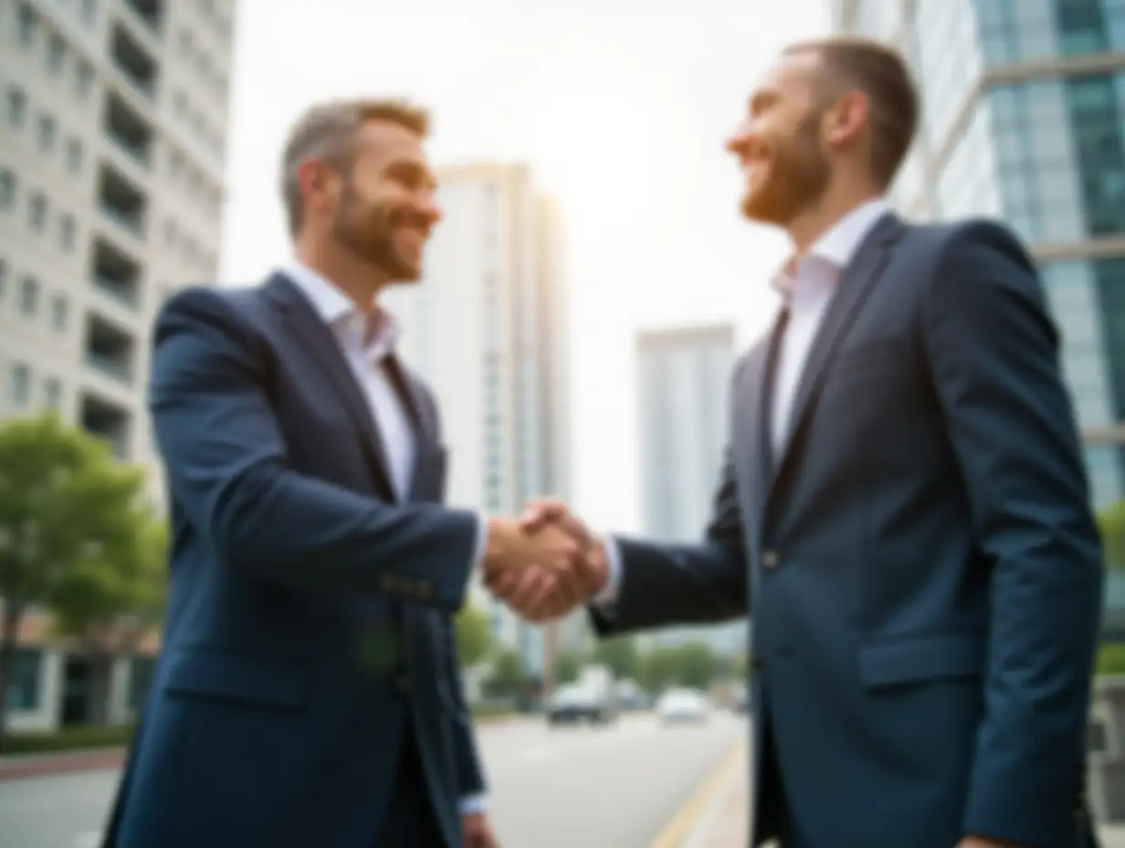 Business colleagues are celebrating a successful deal with a handshake in an outdoor urban setting, symbolizing teamwork and professional success.