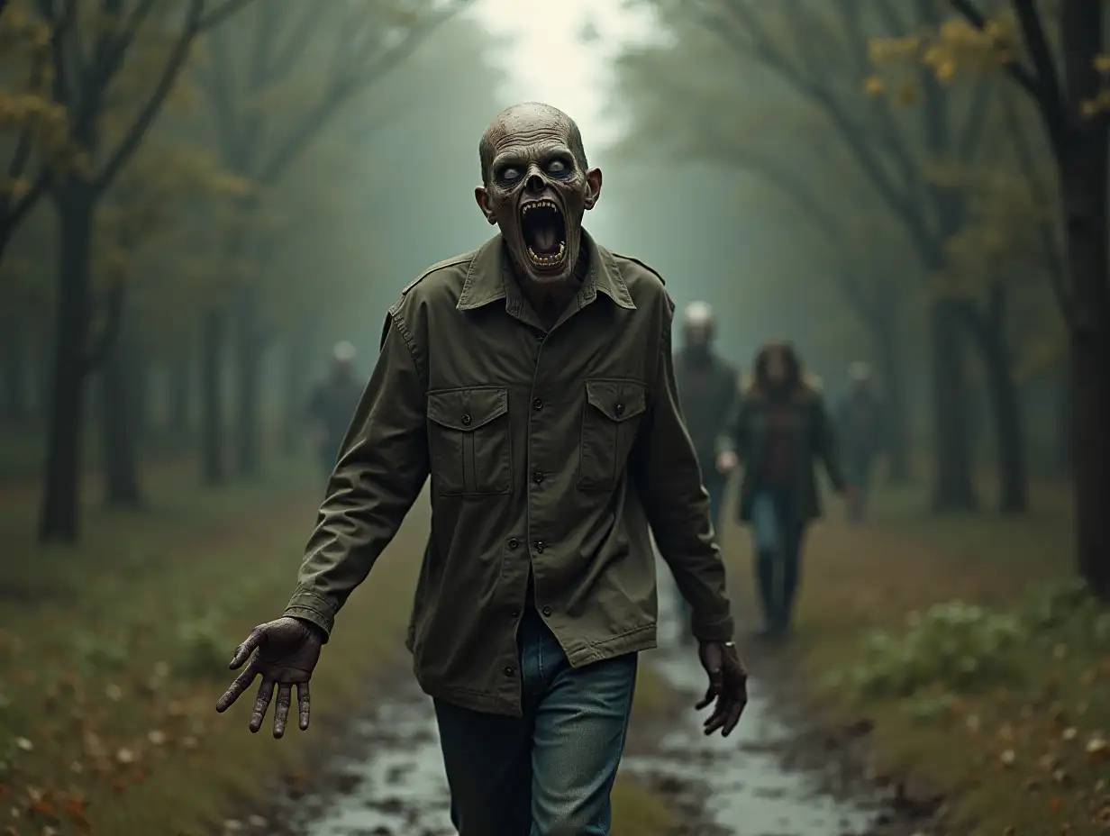 Strolling Zombie with Outstretched Arms in a Haunting Scene