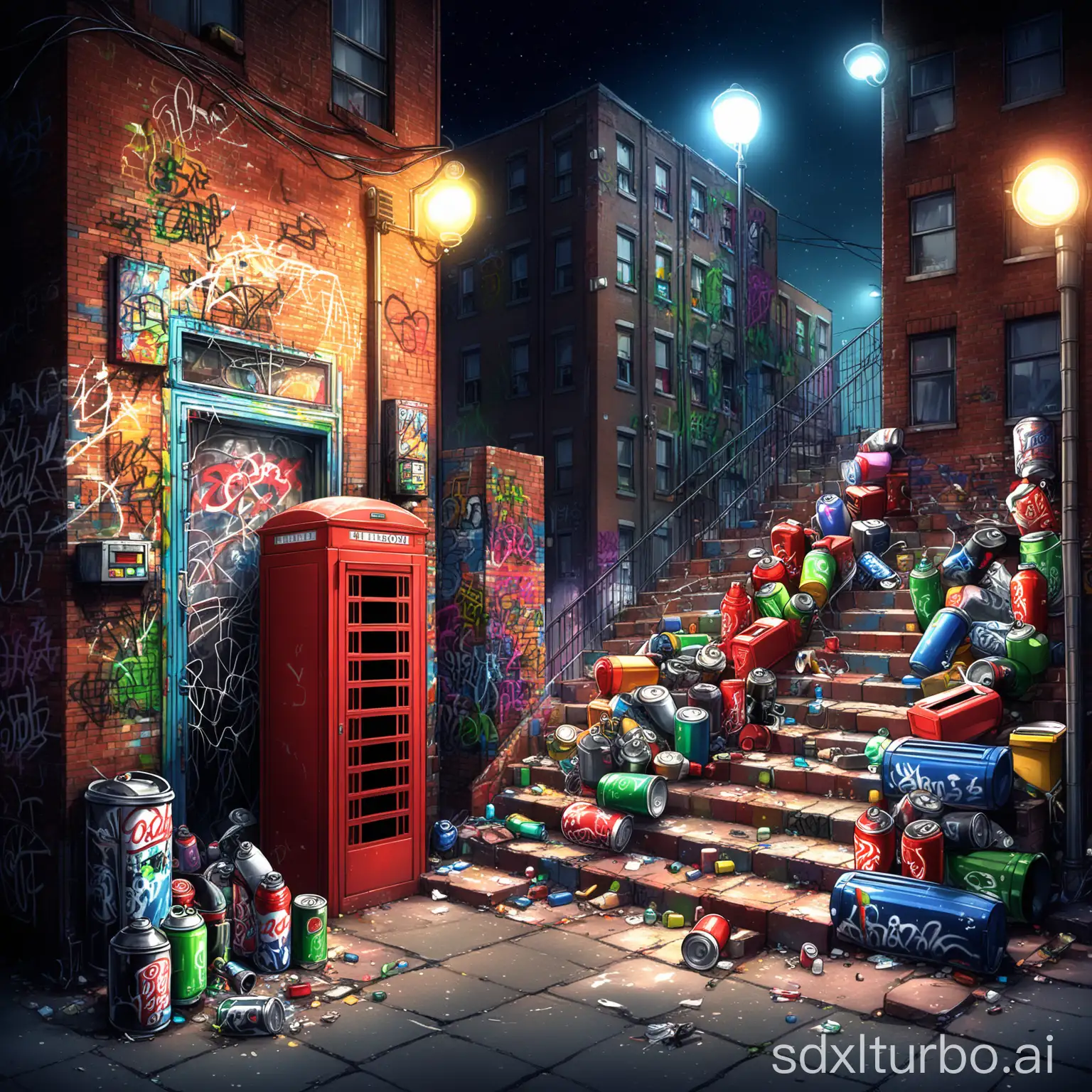 Urban-Graffiti-Street-Scene-with-Spray-Cans-and-Night-Lights