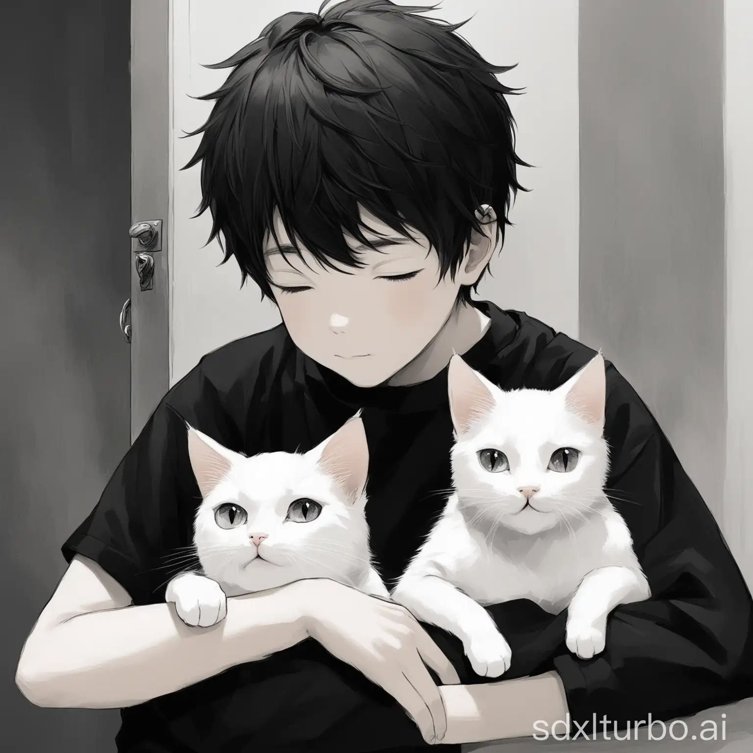 Boy-with-Two-Sweet-Cats-Black-and-White-Cat-and-White-Cat