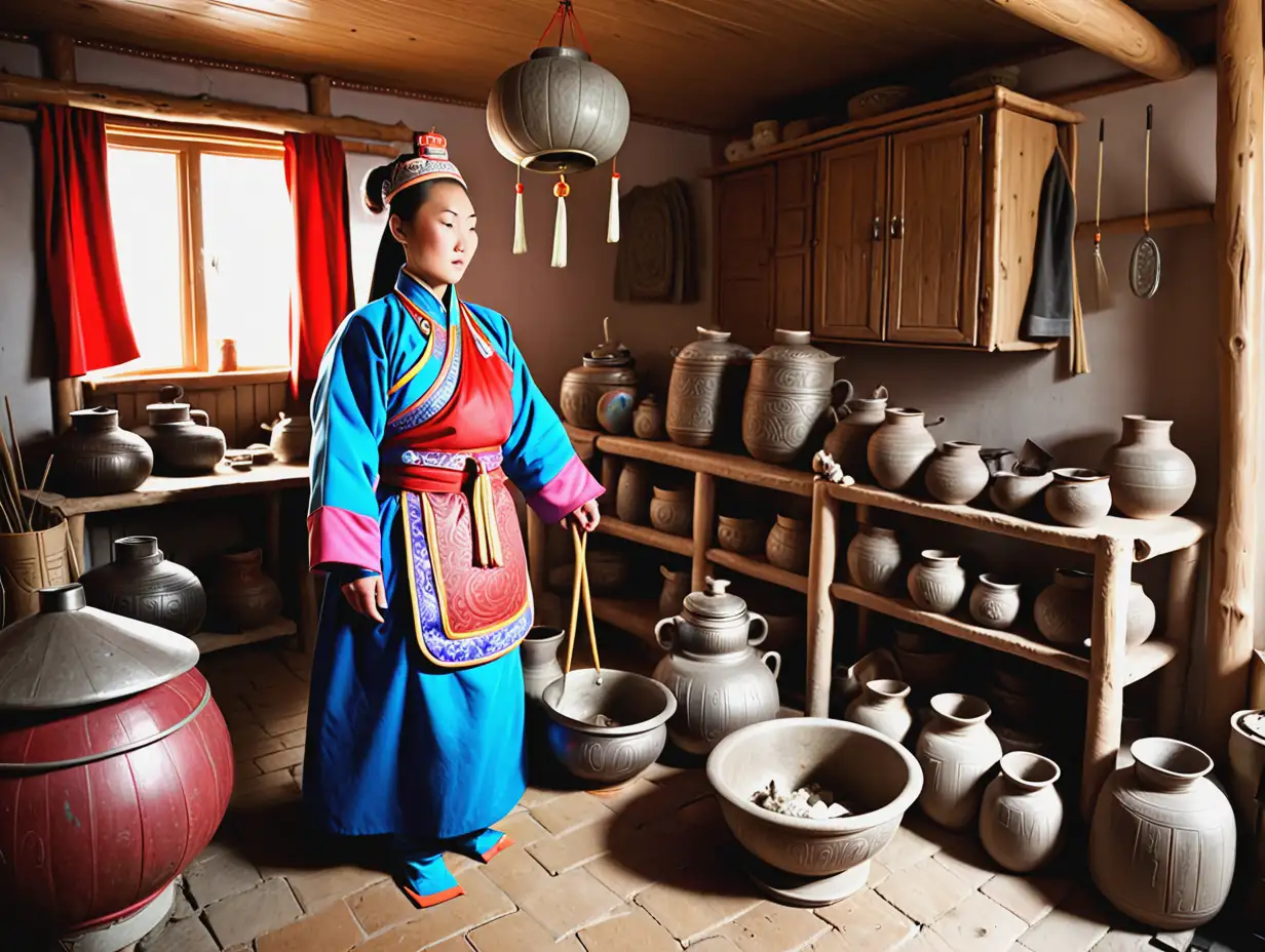 A woman in traditional Mongolian clothing managing a household, surrounded by servants and household items.